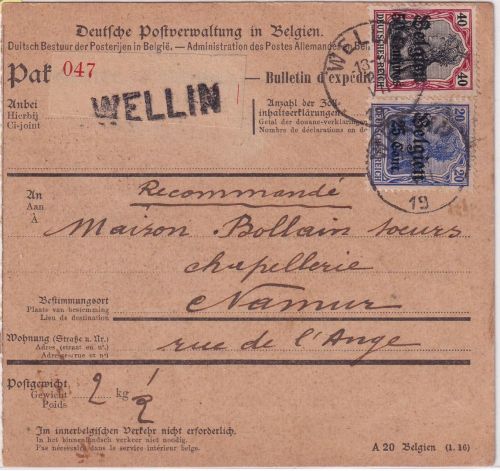 LP Belgien - 50+25 C. Germania Einschreibe-Paketkarte Wellin - Namur 1918
