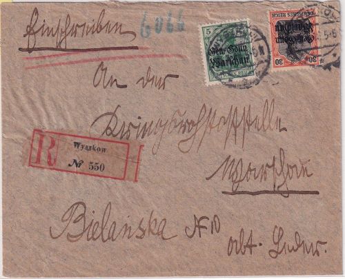DP Polen - 30+5 Pfg. Germania/Überdruck Einschreibebrief Wyszkow - Warschau 1918