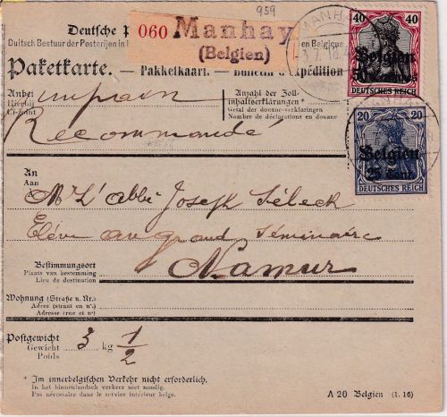 LP Belgien - 50+25 C. Germania Einschreibe-Paketkarte Manhay - Namur 1918
