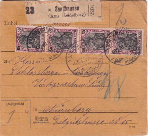 DR - 50 Pfg. Germania 4er-Streifen Paketkarte Sandhausen - Nürnberg 6.12.20