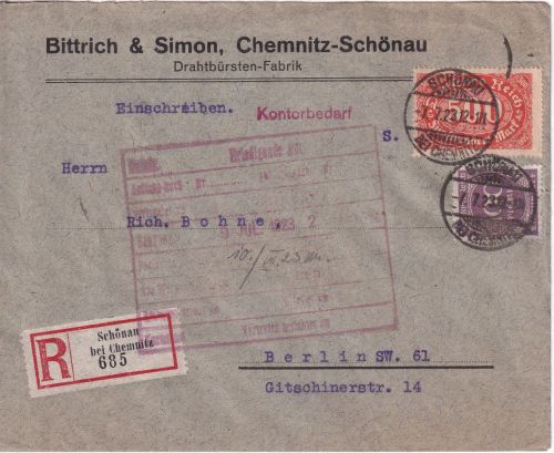 DR-Infla - 500 M. Queroval u.a. Einschreibebrief Schönau b. Chemnitz 7.7.23