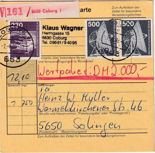 Berlin - 2x500+230 I&T Wertpaketkarte Coburg - Solingen 1986