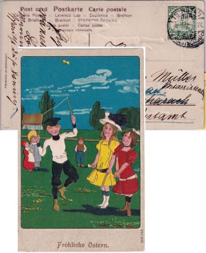 Kiautschou - 2 C. Schiffszeichnung Osterprägekarte Tsingtau - Bacherach 1913