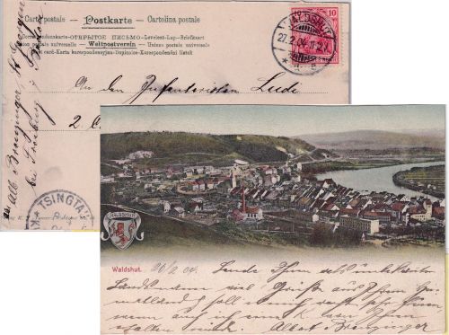 DR - Waldshut 1904 farb. Ortsansichtskarte n. CHINA (Syfang)