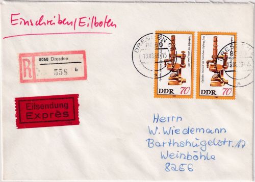 DDR - 2x70 Pfg. Mikroskop Eil-Einschreibebrief Dresden - Weinböhla 13.6.89
