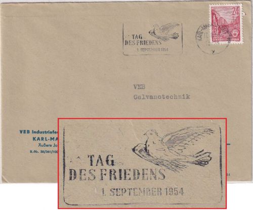 DDR - Karl Marx Stadt 1954 Tag des Friedens Masch.werbestempel Brief n. Leipzig
