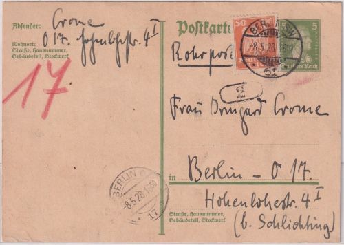 DR - 5 Pfg Schiller Ganzsache+Zusatz Rohrpost-Ortskarte Berlin SW61 - O17 8.5.28
