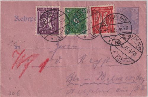 DR-Infla - 60 Pfg Germania Rohrpost-Ganzsache/Ortsbrief Berlin NW 52 7.6.22