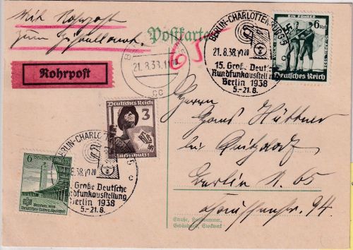 DR - Berlin 15. Rundfunk-Ausstellung Minuten-SST Orts-Rohrpostkarte 1938