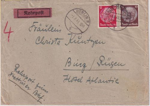 DR - 10+12 Pfg. Hindenburg Rohrpostbrief Berlin-Halensee - Binz 1.8.41