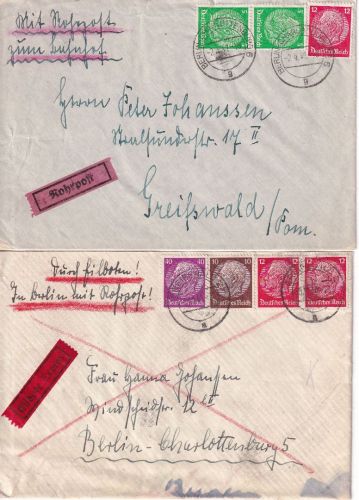 DR - Berlin/Greifswald Rohrpostbrief + Rohrpost-Eilbotenbrief 1940/41