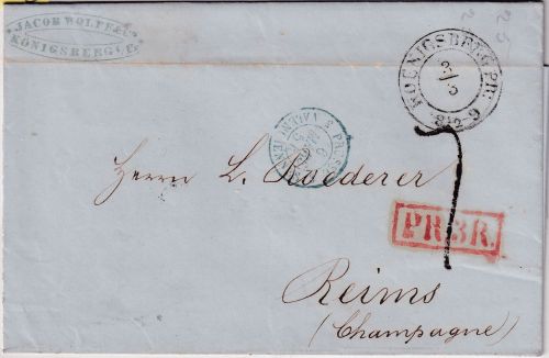 Preussen/Frankreich - Königsberg 3/3 K2 Portobrief n. Reims 1854 roter Ra1 PR3R