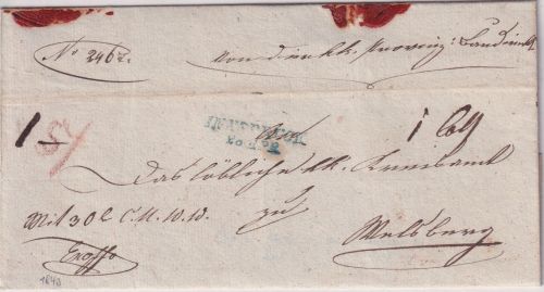 Österreich - Innsbruck 28.4.1843 blauer L2 portofr. Geldbrief "mit 30 Kr. CMWW"