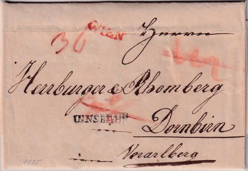 Österreich - Wien roter L1 Portobrief n. Dornbirn 19.2.1825 - Taxkorrektur !!