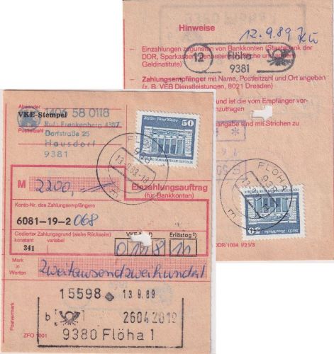 DDR - 2x50 Pfg. Aufbau/klein Einzahlungsauftrag Hausdorf/Flöha 13.9.89