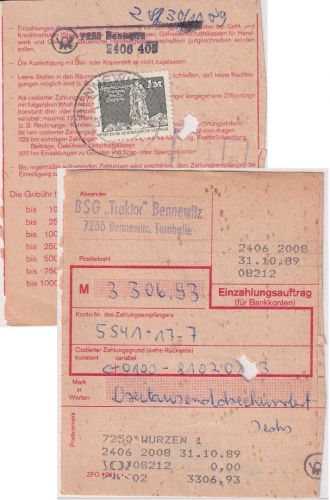 DDR - 1 M. Aufbau/klein Einzahlungsauftrag Bennewitz/Wurzen 31.10.89