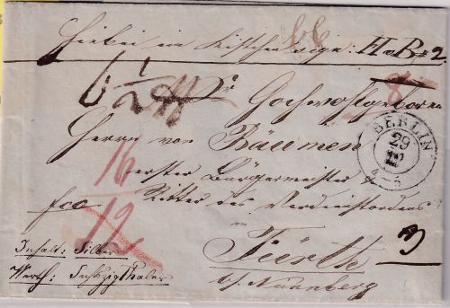 Preussen/Bayern - Berlin 29/12 kl. K2 Paketbegleitbrief n. Fürth 1843 - Inhalt !