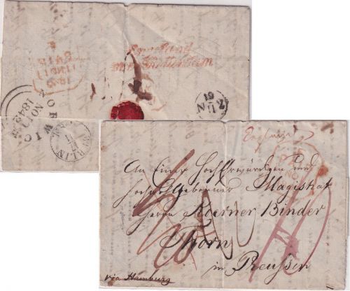England/Niederlande/Preussen - Norwich 1842 Portobrief n. Thorn ü. Rotterdam
