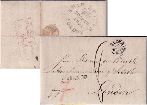 Preussen/England - Elberfeld 16/4 kl. K1 Francobrief n. London Ship-Letter 1831