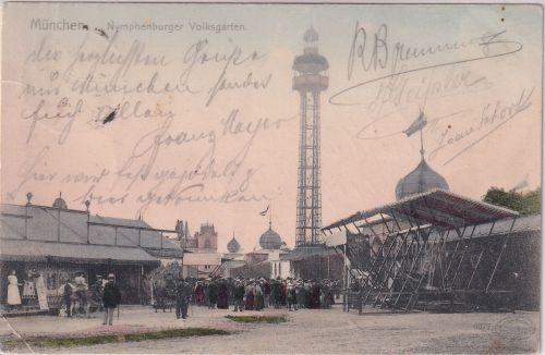Bayern - München Nymphenburg Volksgarten farb. AK gelaufen 1905