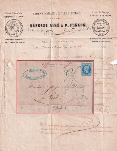 Frankreich - 20 C Napoleon III. unterfrankierter Brief i.d. SCHWEIZ Venarey 1858