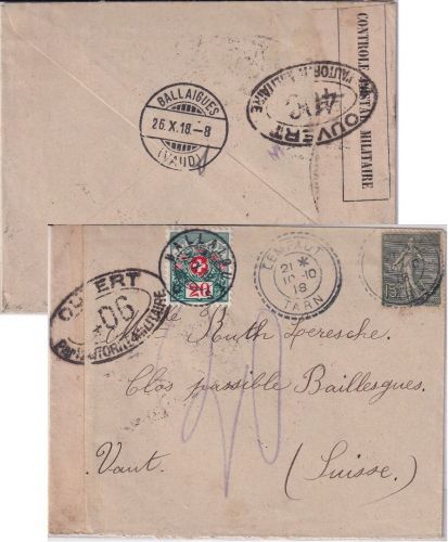 Frankreich - 15 C. Säerin Brief i.d. SCHWEIZ Lempaut - Ballaigues 1918 Nachporto