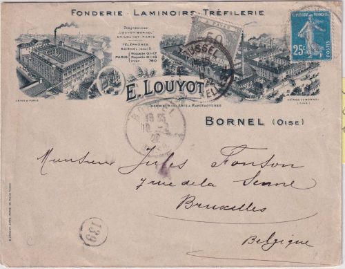 Frankreich - 25 C. Säerin illustr. Firmenbrief n. BELGIEN Bornel 1922 Nachporto