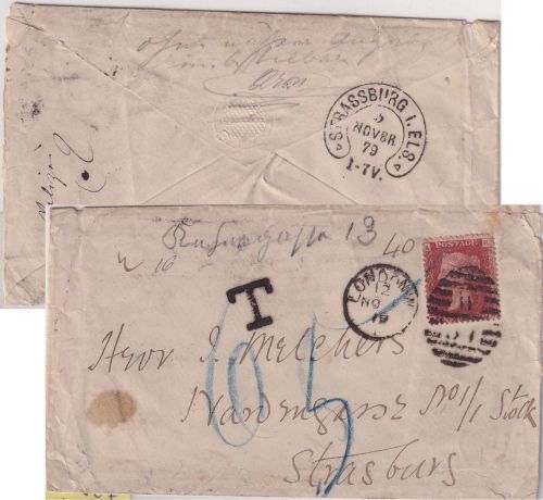 England - 1 P. Victoria gez. unterfrankierter Brief London - Strasburg 1879