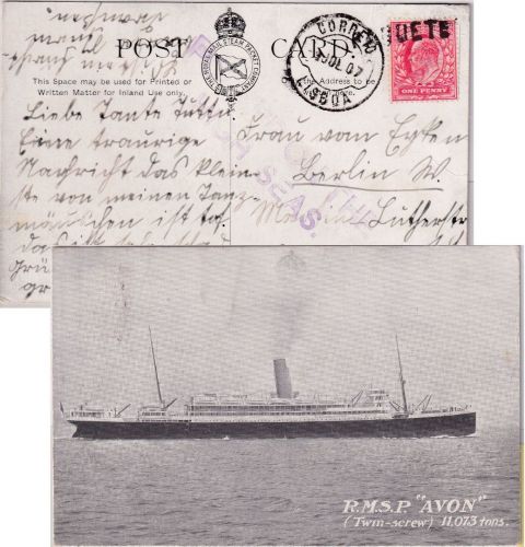 England - "Posted on the high seas" viol. L2 Karte RMSP "Avon" Lissabon 1907
