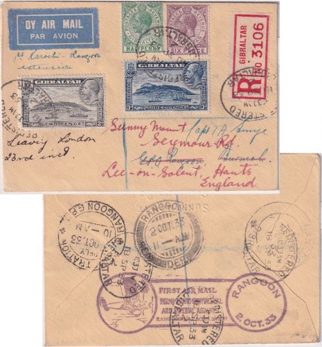 Gibraltar - 1st Flight Karachi Rangoon London 1933 Zuleitungspost - RRR!