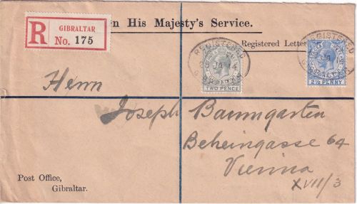Gibraltar - 2+2 1/2 P. George V. Einschreibebrief (OHMS) n. ÖSTERREICH 1914