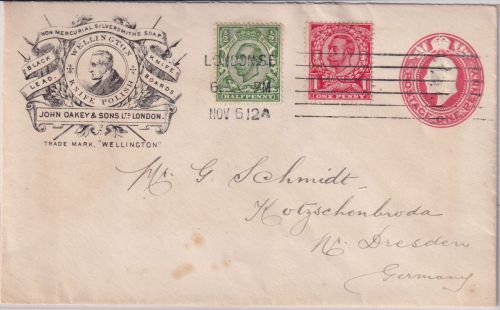 England - 1 P. Privatganzsache+Zusatz London - Dresden 1912 Zudruck !!