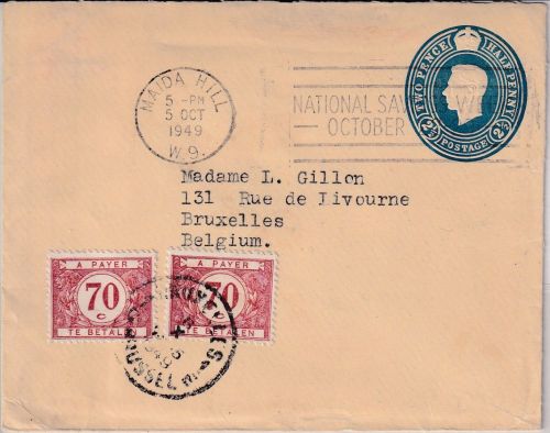 England - 2 P. George VI. Ganzsache/Brief n. BELGIEN Maida Hill 1949 Nachporto