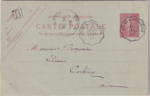 Frankreich - Reims Tergnier Bahnpost 1905 10 C. Ganzsache Ramecourt Corbeny 1905