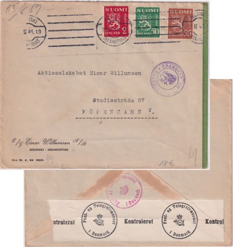 Finnland - 2 M. Löwe u.a. Zensurbrief n. DÄNEMARK Helsinki - Kopenhagen 1941