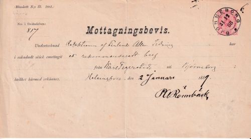 Finnland - 25 P. Wappen Ganzsache/Empfangsschein K2 Bjorneborg 31.12.1888