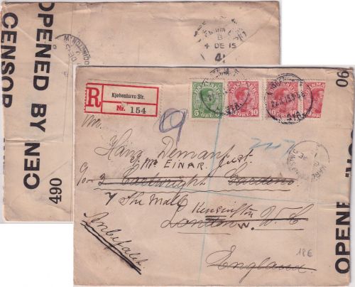 Dänemark - 3x10+5 Ö. Christian X. Einschreibebrief n. ENGLAND Kopenhagen 1915