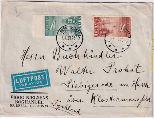 Dänemark - 1 Kr.+20 Ö. Flugpostausgabe Luftpostbrief Nr. Nebel Siebigerode 1938