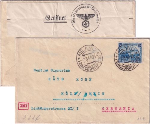Italien - 1,25 L. 100 J. Eisenbahn Zensurbrief Milano - Köln 1940