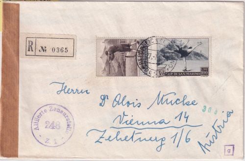San Marino - 100+25 L. Sport Zensur-Einschreibebrief n. Wien 1953