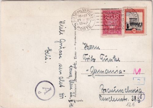 Vatikan - 20 C. Vat. Palast u.a. Zensurkarte n. Braunschweig 1942