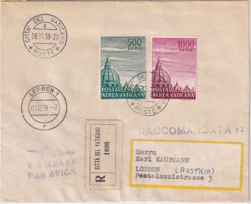 Vatikan - 1000+500 L. Peterskirche Luftpost-Einschreibebrief n. ÖSTERREICH 1958