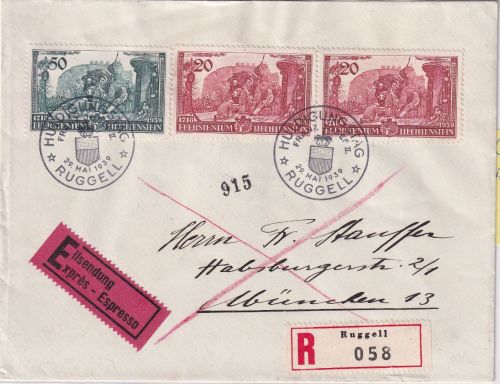 Liechtenstein - 50+2x20 Rp. Huldigung Eil-Einschreibebrief/FDC SST Ruggell 1939