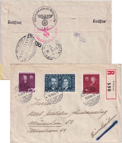 Liechtenstein - Hochzeit Franz-J. II./Gina Satzbrief/Einschreiben Schaan 1943