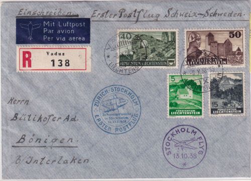 Liechtenstein - 1. Postflug Zürich Stockholm Zuleitungspost Vaduz 8.10.38