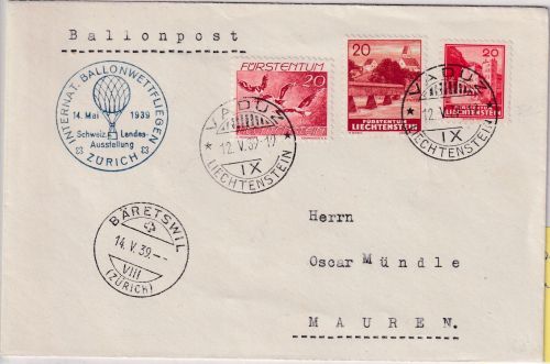 Liechtenstein - Int. Ballonwettfliegen Zürich 1939 Zuleitungspost ab Vaduz