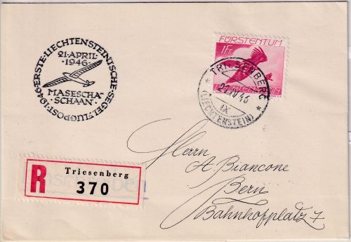 Liechtenstein - 1. Segelflugpost Masescha Schaan R-Brief Triesenberg 1946