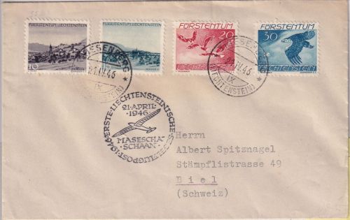 Liechtenstein - 1. Segelflugpost Masescha Schaan Brief Triesenberg - Biel 1946