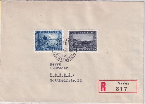 Liechtenstein - 30+10 Rp. Binnenkanal Einschreibebrief Vaduz - Basel 1943