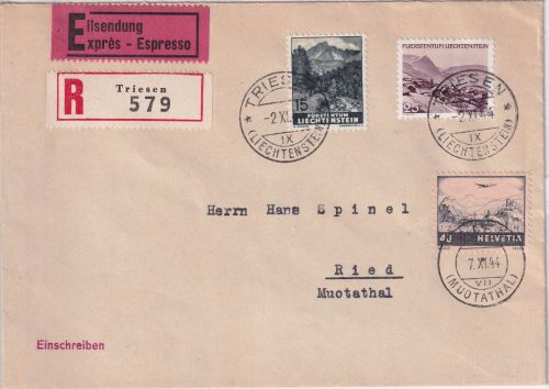Liechtenstein - 25 Rp. Landschaft u.a. Eil-R-Brief Triesen 1944 - Besonderheit !
